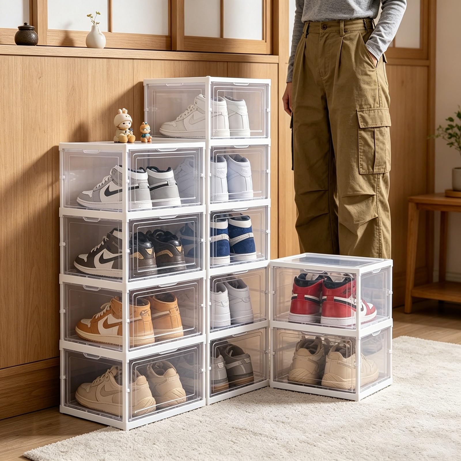 TYNGBT Stackable 6-Tier Foldable Shoe Storage Rack, Plastic Shoe Organizer for Home