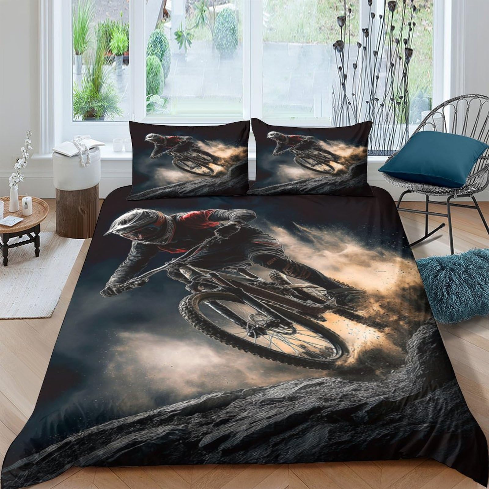 Ctjqhvkz Style-7 3D Printed Mountain Biking Fitted Sheet Microfiber Soft Breathable Night Rider Bed Cover For Bedroom Dorm Decor Single（135X200cm）