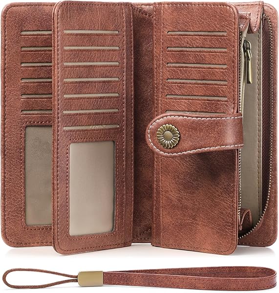 FALAN MULE Women Leather Wallet Large Capacity Bifold RFID Blocking Card Holder with Zipper Coin Pocket
