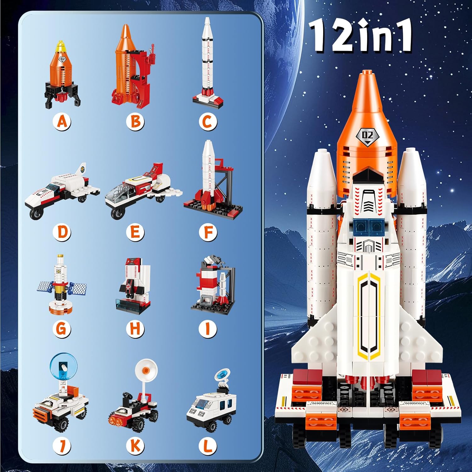 12-in-1 Space Rocket Building Blocks Kit - STEM Educational Toy Ages 6-12, 566 Pieces Creative Assembly Set for Kids