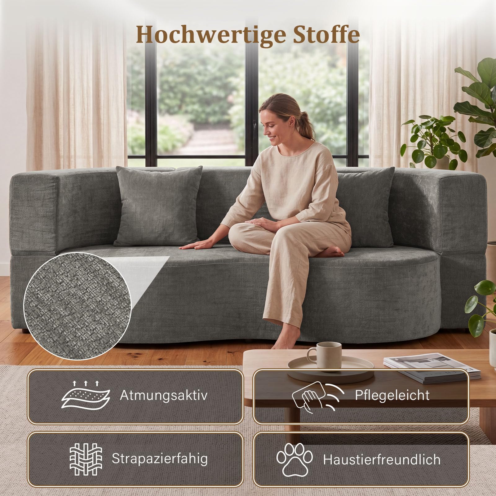 Faltbares 3-Sitzer Gästebett & Schlafsofa, 200 cm breites XXL Bett in Grau – Bequeme Klappcouch für Wohnzimmer, Schlafzimmer als Lounge oder Gästebett