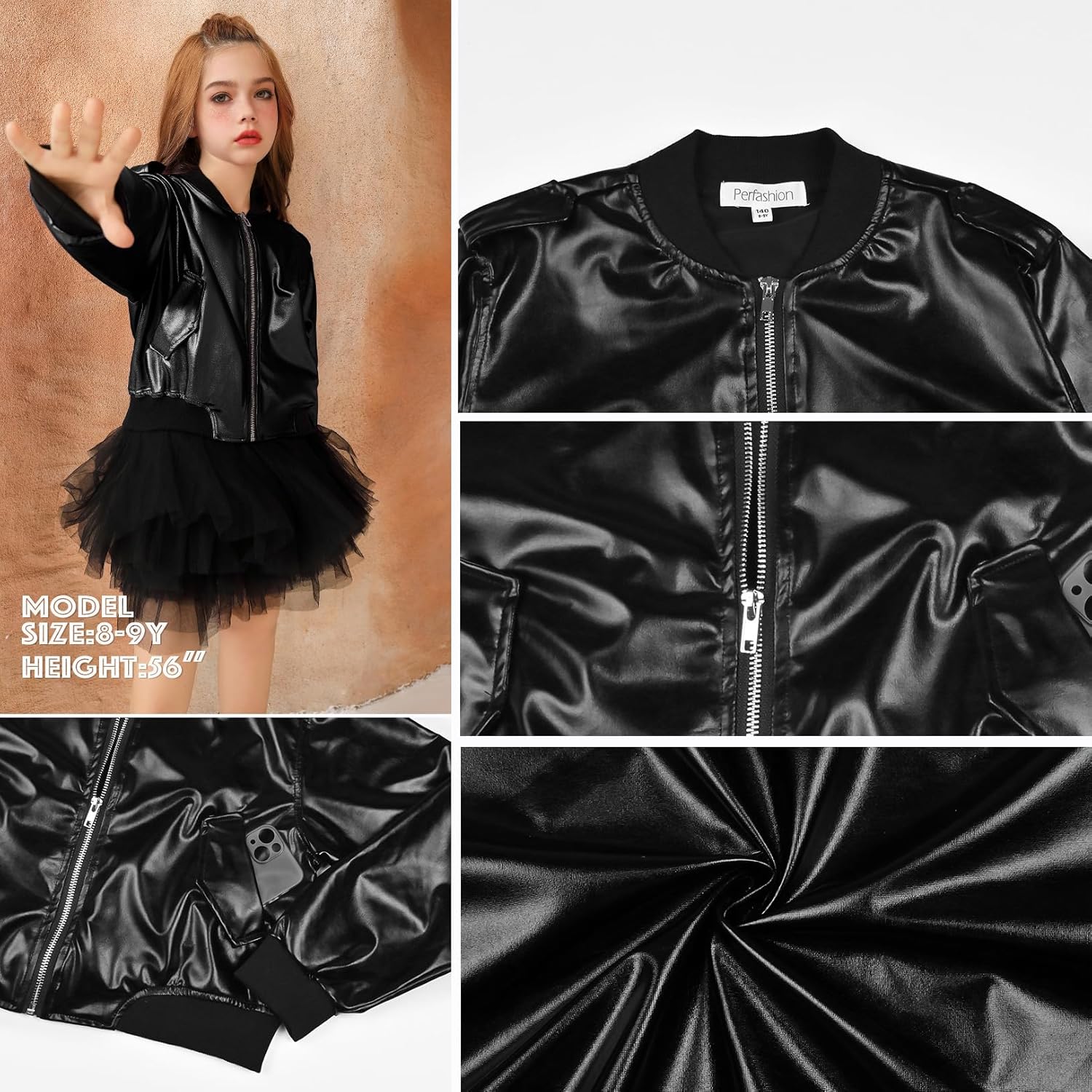 Perfashion Metallic Bomber Jacket for Girls Zip Up Cropped Jacket Sparkly Lightweight Coat Windbreaker with Pockets - Image 5