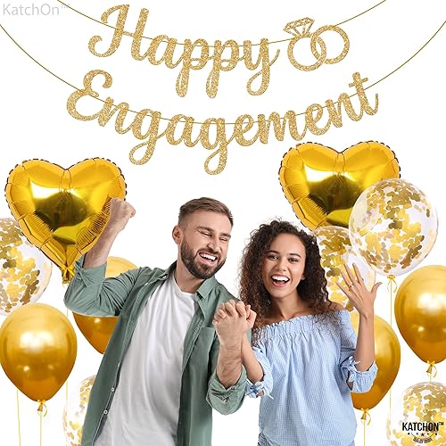Miniatura 8 de KatchOn, Cartel de compromiso dorado con purpurina y globo de anillo de diamantes, paquete de 2, pancarta de fiesta de compromiso feliz | globos de