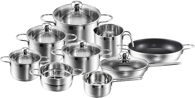 KOPF Josie Cookware Set with Pans, Stainless Steel, 14-Piece with 5 Glass Lids