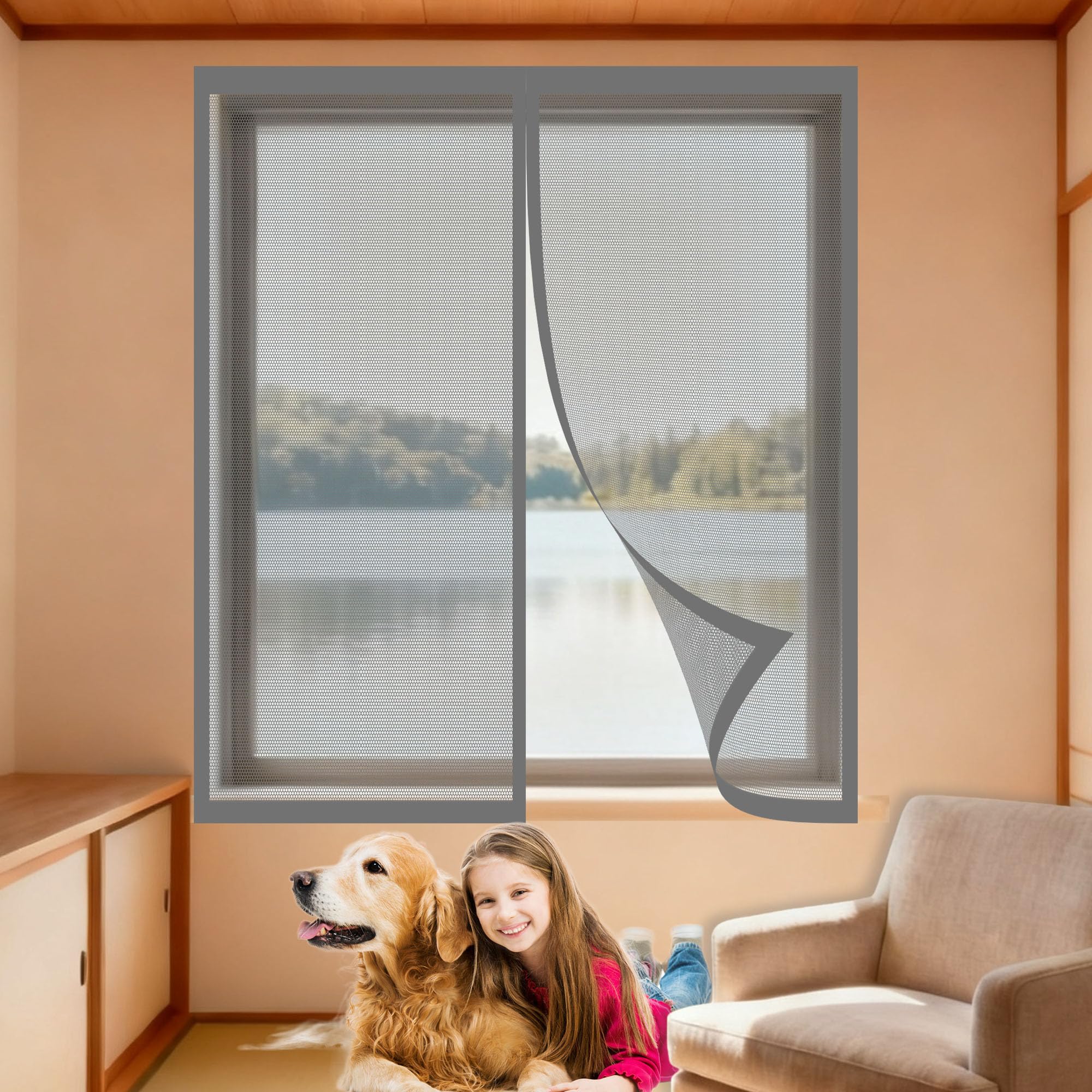 Moustiquaire magnétique fenêtre 170x160 cm amovible grise avec aimants