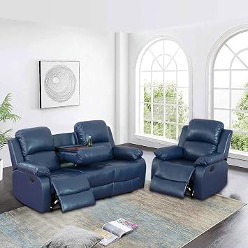 Manual Recliner Sofa Set Bonded Leather, 2 Piece Living Room Furniture Set, Reclining Couch and Chair Set with Cup Holder 3 Seat Recliner Sofa+Recliner Chair, Blue