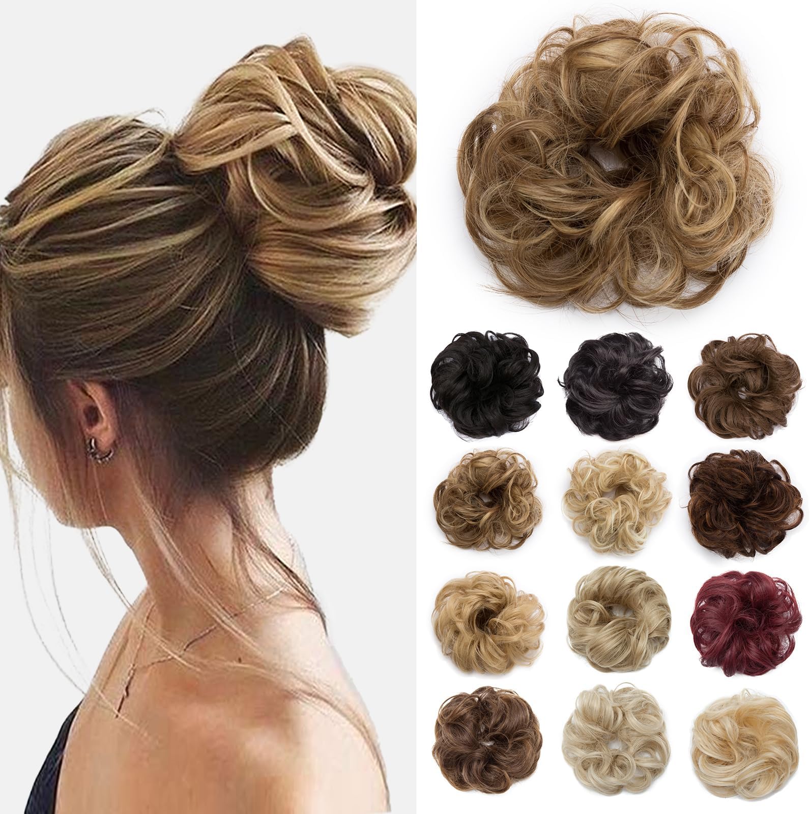 Benehair Messy Bun Hair Piece Scrunchy Updo Hair Pieces for Women Fluffy Wavy Hair Bun Scrunchies Donut Hairpiece Synthetic Chignons With Elastic Rubber Band Light Brown & Ash Blonde 1pc 25g