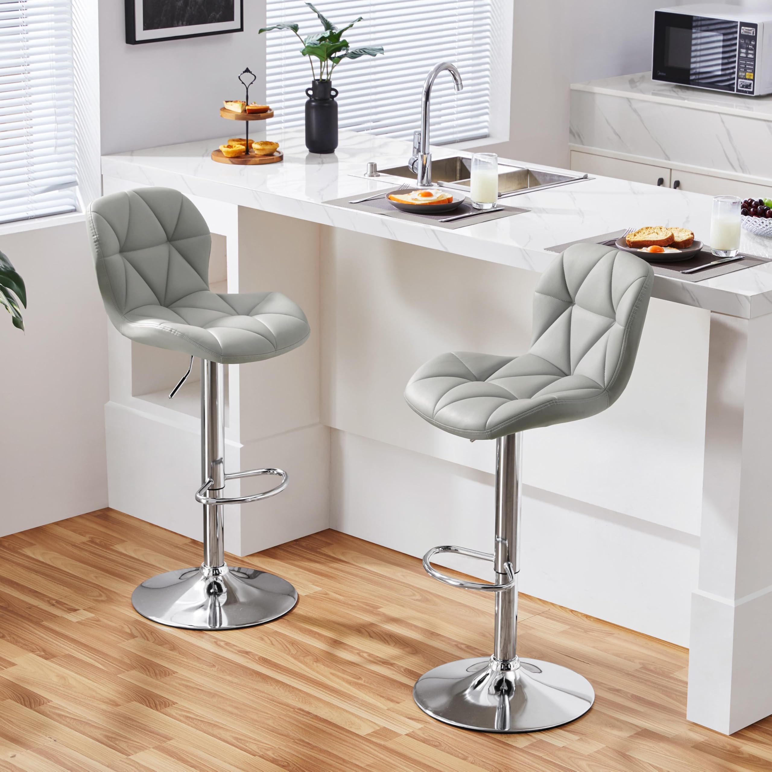 Yaheetech Grey Bar Stools Set of 2, PU Leather Bar Chairs with Backrest, Height Adjustable Swivel Island Stools for Bar, Kitchen Counter, Light Grey
