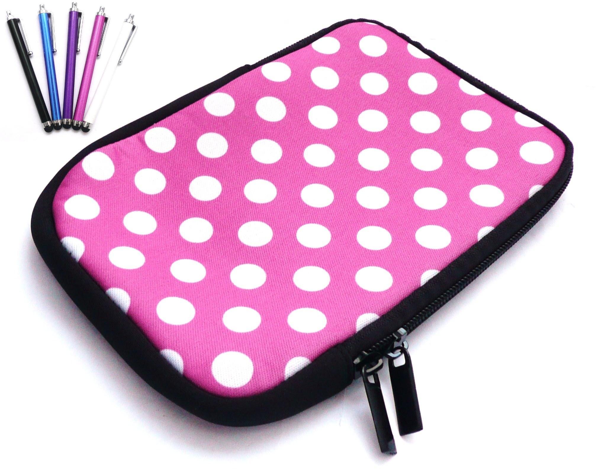 Emartbuy Bundle Pack of 5 Capacitive/Resistive Touchscreen Stylus Pen & Polka Dots Hot Pink/White Water Resistant Neoprene Soft Zip Case/Cover suitable for BeBook Neo eReader (7 Inch Tablet/eReader)