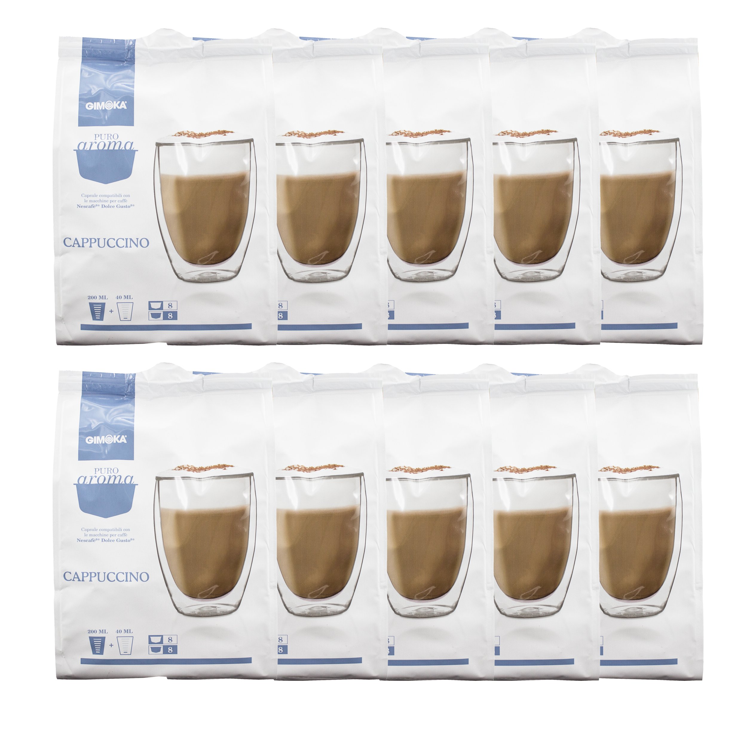 Puro Aroma Gimoka capuchino, café, café tostado y leche cápsulas, cápsulas Nescafé Dolce Gusto compatible, azul claro, 160 cápsulas/80 porciones