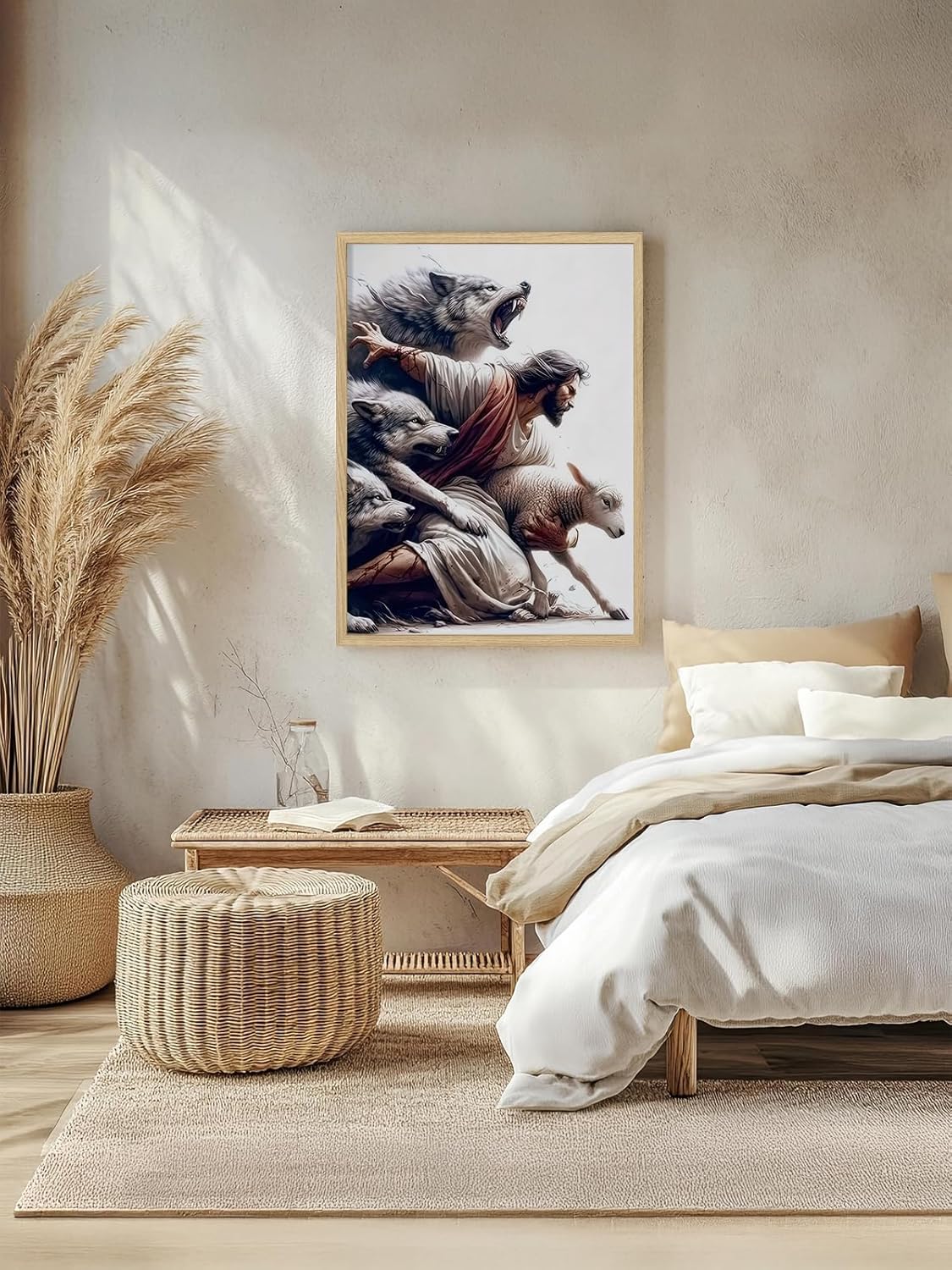 BIBLSPACE Jesus Wall Art Religious Wall Decor Christian Posters for Wall Pictures of Jesus Saves the Lost Lambs Canvas Wall Art for Living Room Bedroom Christian Wolf Art Framed 16x24 Inch