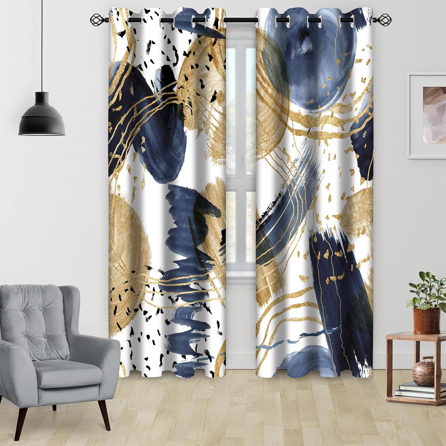 Abstract Blue Gold Blackout Curtain, Boho Aesthetic Modern Window Curtains Living Room Bedroom Decor Thermal Curtain Darkening Grommet Window Drapes Treatments, 2 Panels 52x84 Inch