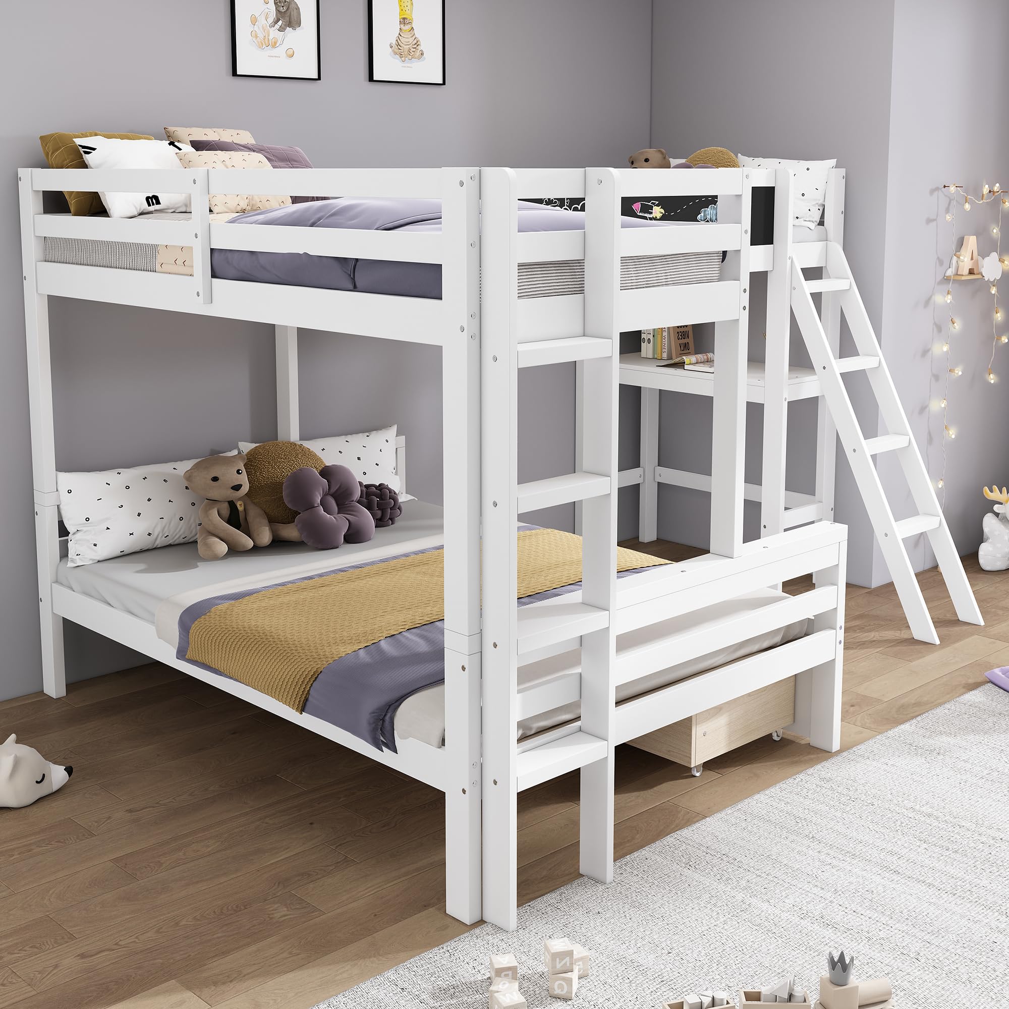 Letto a soppalco a 3 posti letto, scrivania, scaffale, letto a castello per 3 bambini con cassetti e scale, in legno di pino, 140 x 200 cm + 90 x 200 cm, colori: bianco e rovere