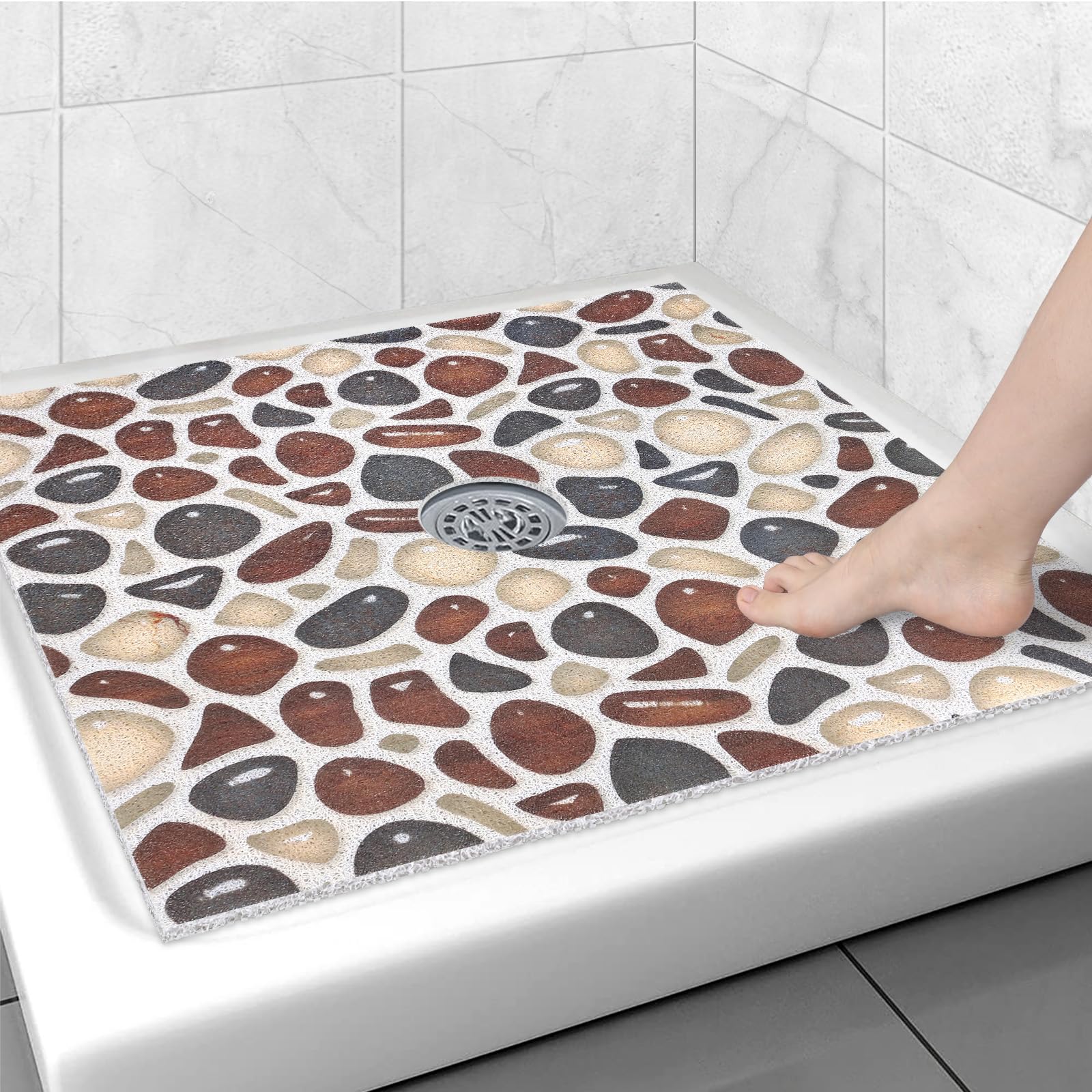 Square Shower Mat Non Slip: 36x36 Inch Large Shower mats for Inside Shower with Drain Hole in Middle, Super Soft PVC Loofah Massage Shower Floor Mat, Anti Slip Shower Stall Mat, Quick Drying