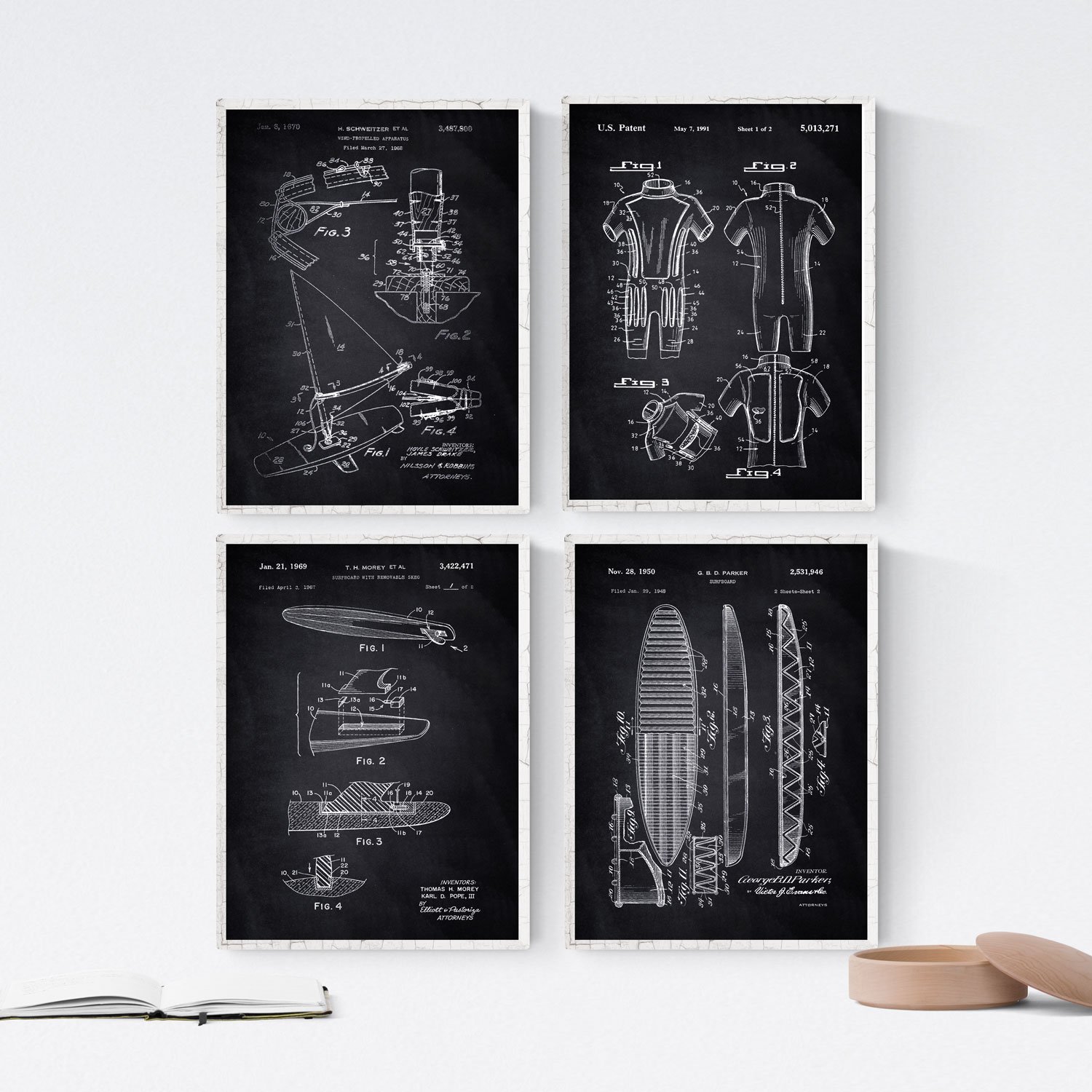 nacnic Prints Vintage Patents Surfing - Set of 4-250g Paper - Beautiful Poster Painting for Home Office Living Room