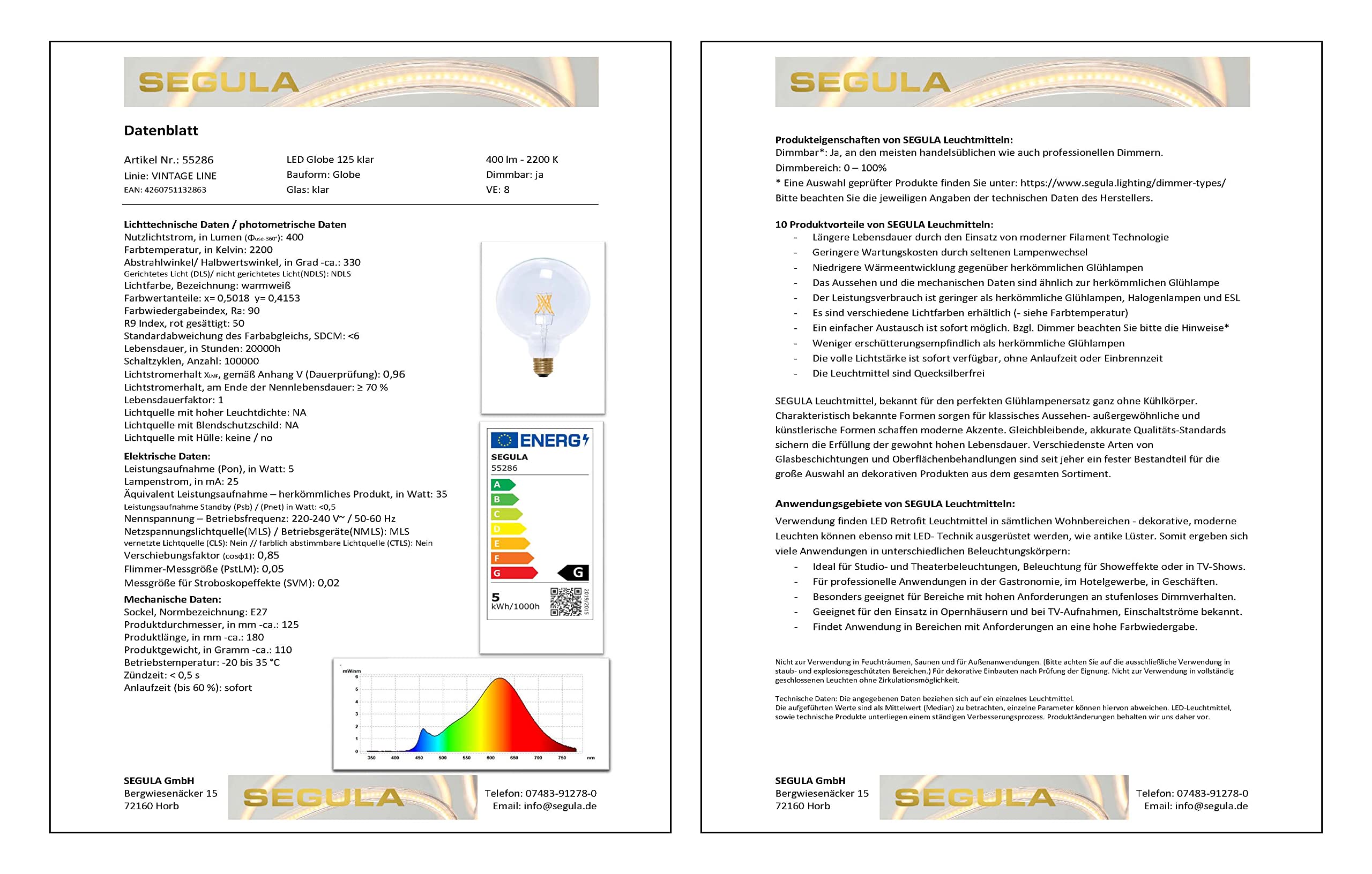 Segula LED Globe 125 Clair E27 5W 400Lm 2200K dimmbar