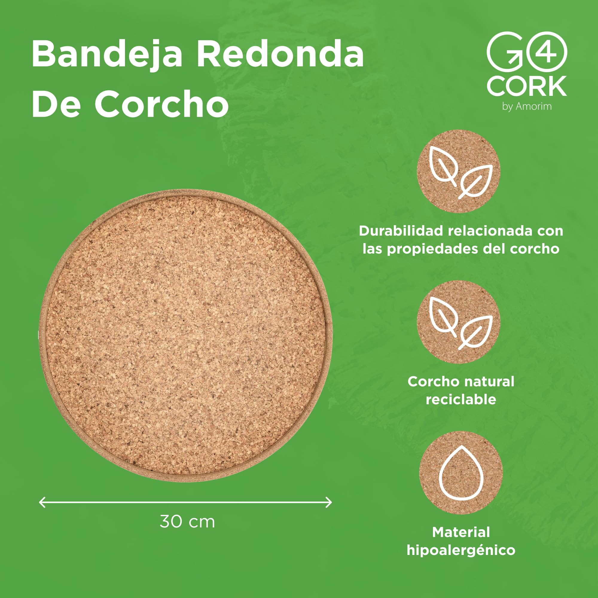 Bandeja Redonda de Corcho Go4Cork - 300 mm (11,81 in) de diámetro | Resistente al Calor, Reutilizable y fácil de Limpiar | Bandeja versátil para Servir y Decorar
