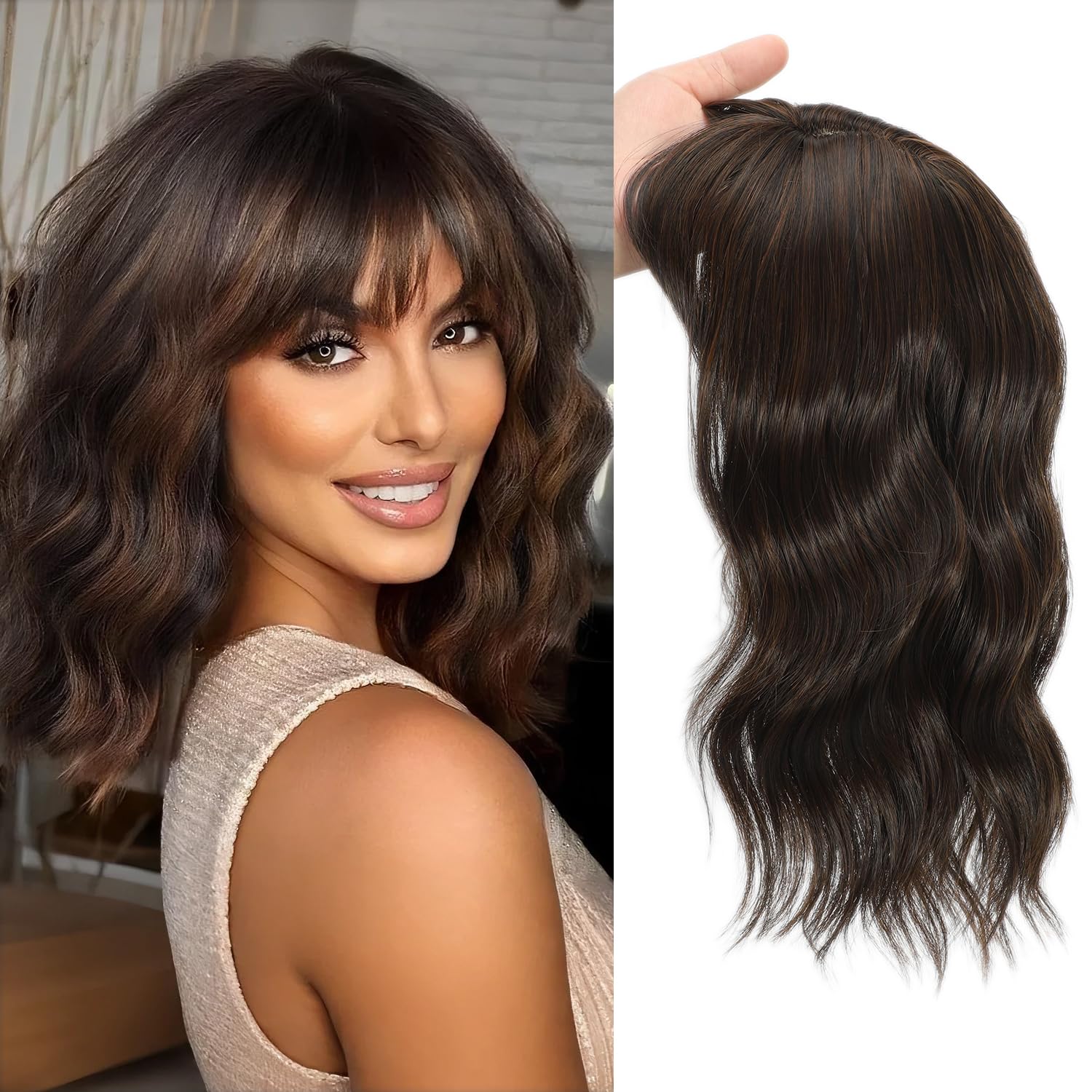 TYQ Hair Toppers for Women with Thinning Hair 14 Inch, 360° 3D Synthetic Curly Wavy Wispy Clip in Bangs(Dark Brown Mixed Chestnut) 14 Inch #4/30