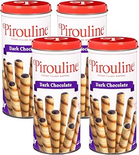 Pirouline Rolled Wafers – Dark Chocolate – Rolled Wafer Sticks, Crème Filled Wafers, Rolled Cookies for Coffee, Tea, Ice Cream, Snacks, Parties, Gifts, and More – 3.25oz Tin 4pk