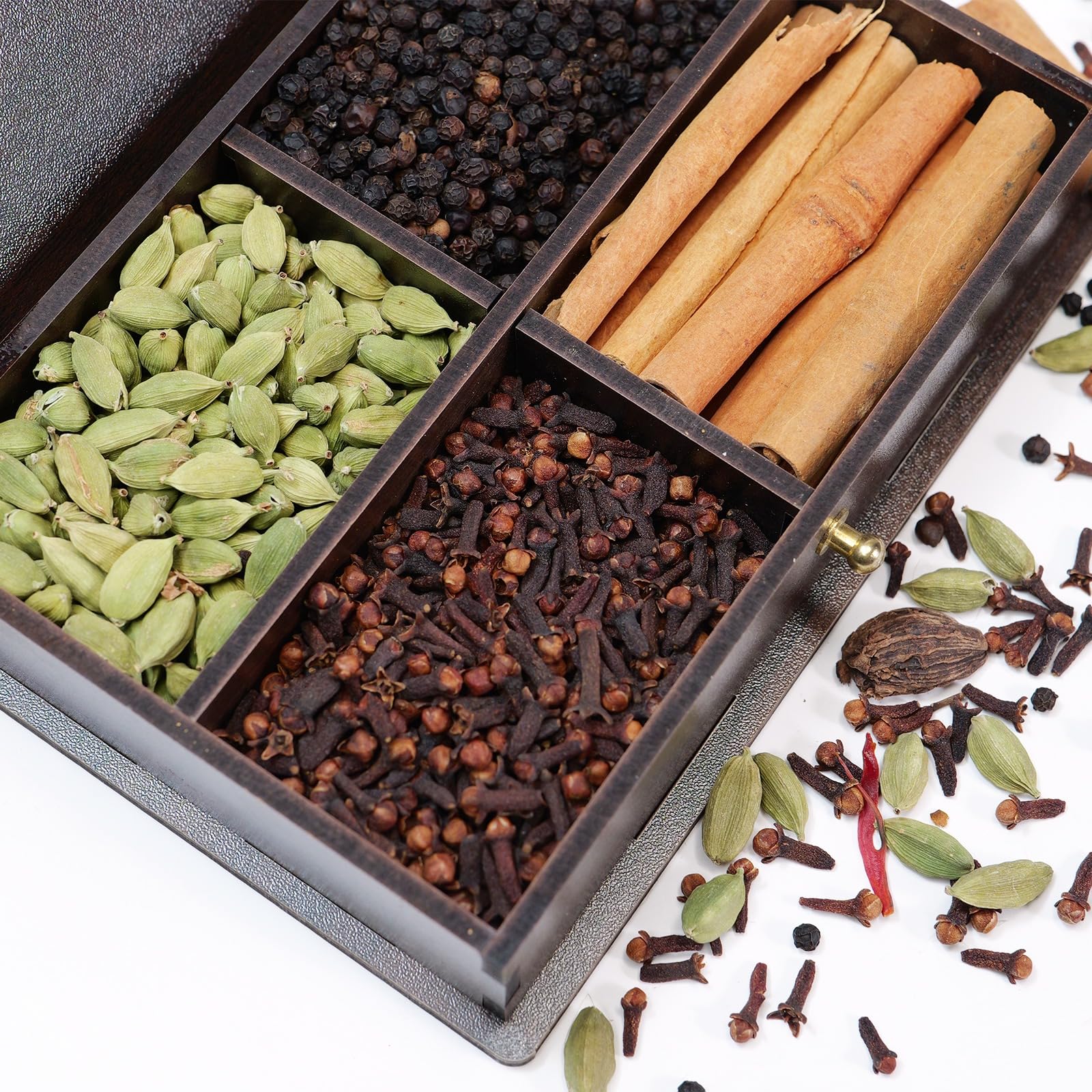 Idukki Gold MDF Spice Box with Loop Lock – 4 Hand Picked Whole Spices (Cardamom 75g, Cloves 85g, Pepper 135g, Cassia Roll 75g) – Secure Packing, Gift Ready Box 1