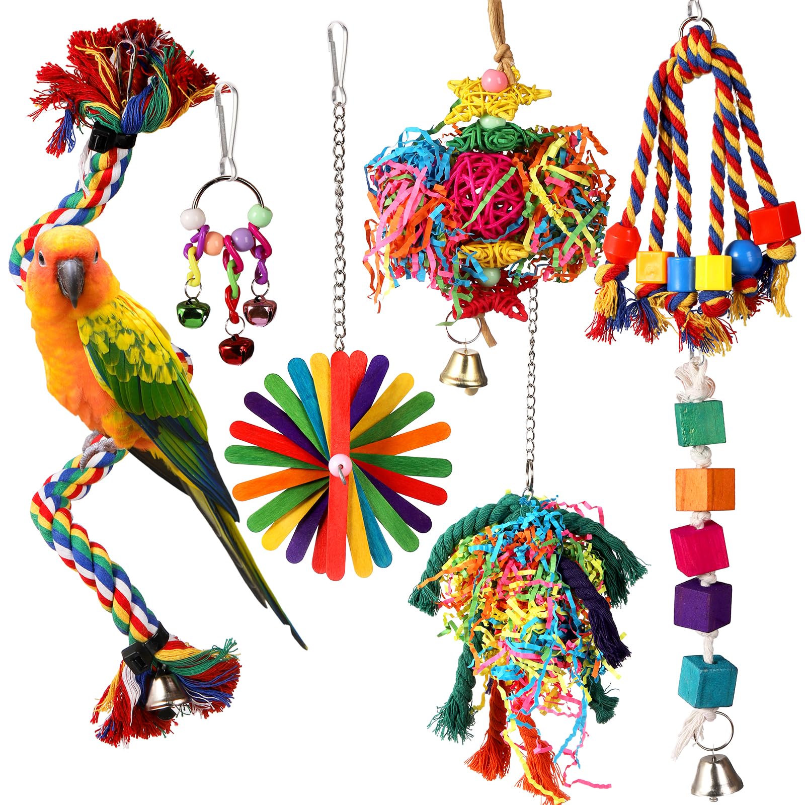 Lyellfe 7 Pieces Bird Chewing Toys, Bird Toys for Parakeets, Colorful Wood Parrot Foraging Shredder Toy Swing Hanging for Cockatiels, Budgerigar,