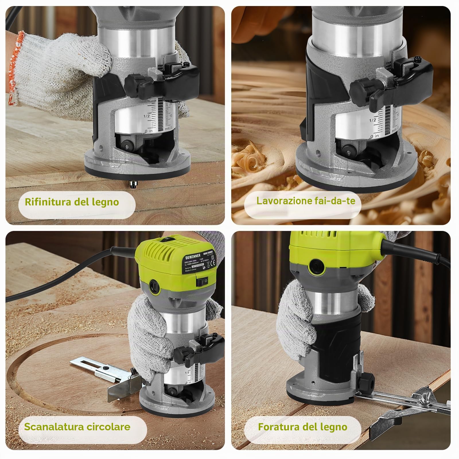 DEWINNER Router Edge Router 710 W 13000 – 33000 RPM, 6 livelli di velocità, 3 morsetti da 1/4" e 8 mm, laminatore professionale con 15 pezzi di taglierino per carburo