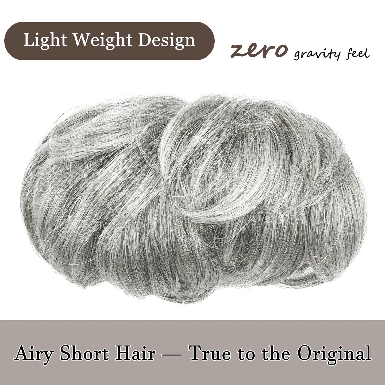 Echthaar Haartopper Damen Pixie-Cut mit Pony,15 cm Kurzhaar Clip-in Haarteil Grau-Weiß, atmungsaktive Rosennetz-Basis 13x14 cm,ideal zum Abdecken grauer Haaransätze