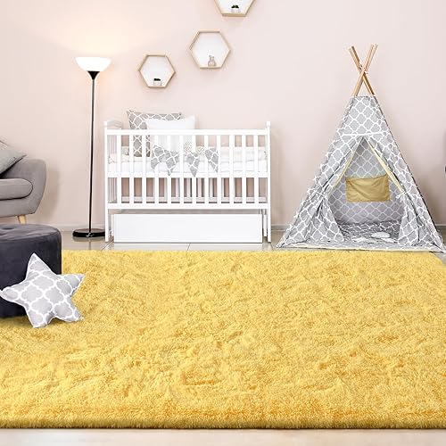 Vista 13 de FlyDOIT Alfombras de área grande para sala de estar, alfombra peluda marfil de 4x6 pies, alfombras mullidas de felpa ultra suave, alfombras peludas