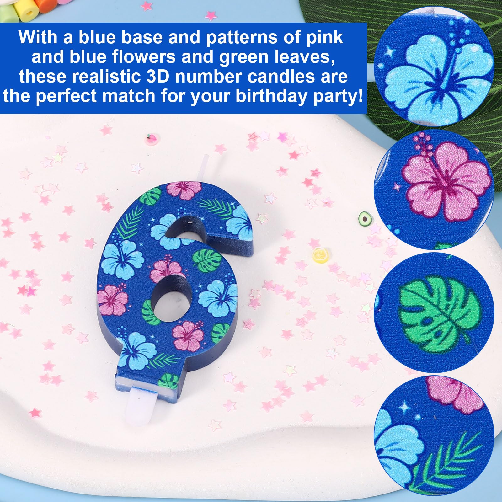 Bougie d'Anniversaire en Forme de Chiffre de Dessin Animé, Décoration Gâteau 3D Bleue Sur le Thème des Animés et d'Hawaï avec Motif Floral pour les Fêtes d'Enfants (Garçons et Filles) (Numéro 6) - 4