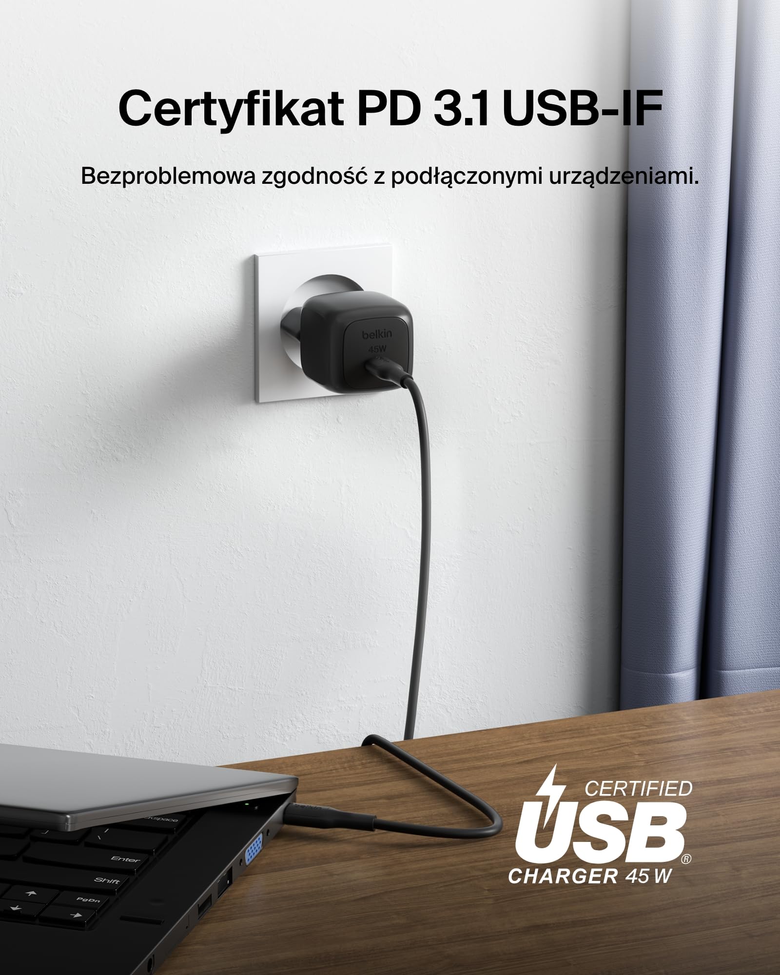 Belkin kompaktowa ładowarka sieciowa 45 W, szybkie ładowanie USB-C Power Delivery dla urządzeń Apple iPhone 16, 16 Plus, 16 Pro, 16 Pro Max, 15, Samsung Galaxy S25, iPad, AirPods i innych – czarna