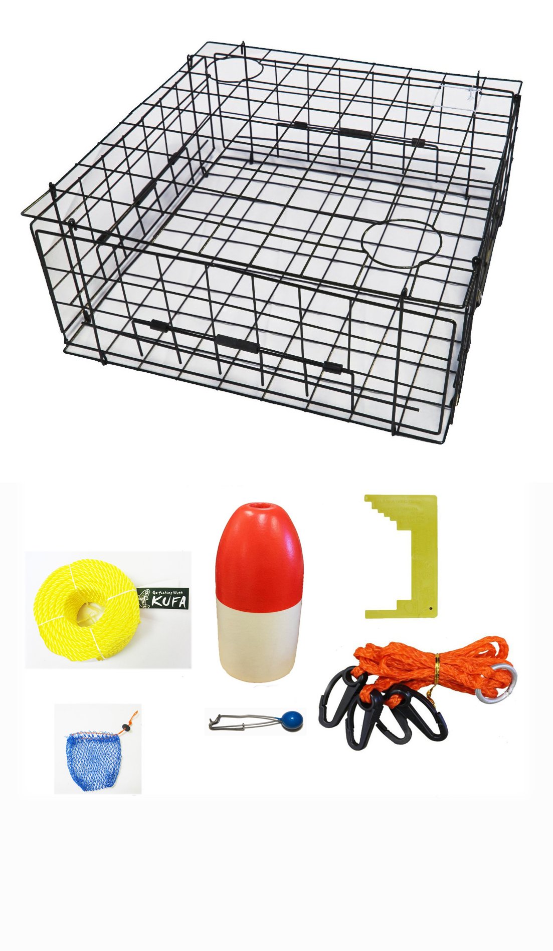 KUFA Vinyl Coated Crab Trap & Accessory kit (100' Poly Rope with line Weight,Caliper,Harness,Bait Bag & 11