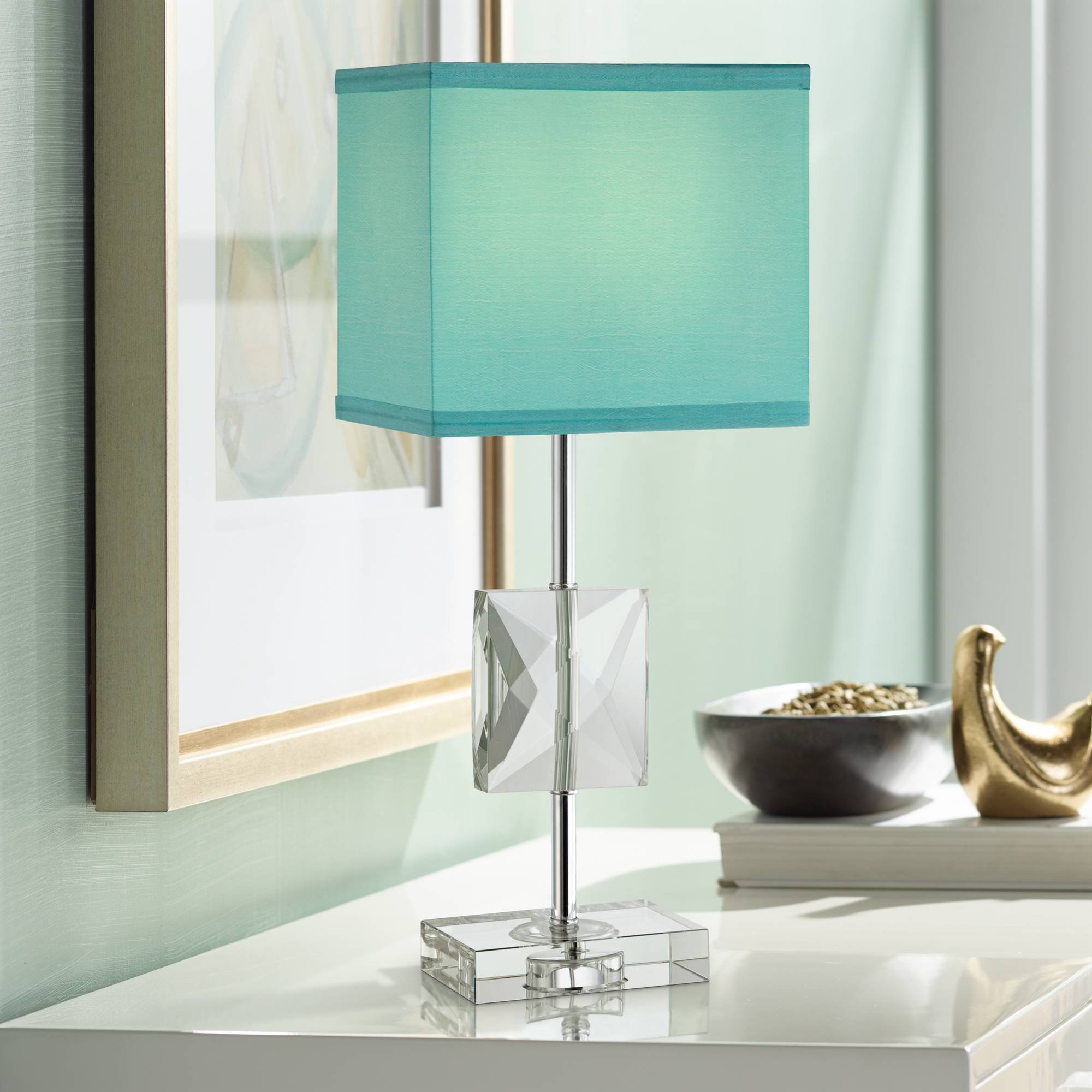 Clara Modern Accent Table Lamp 18 High Square Crystal Teal Blue Rectangular Shade For Bedroom Bedside Nightstand Office 360 Lighting Amazon Com