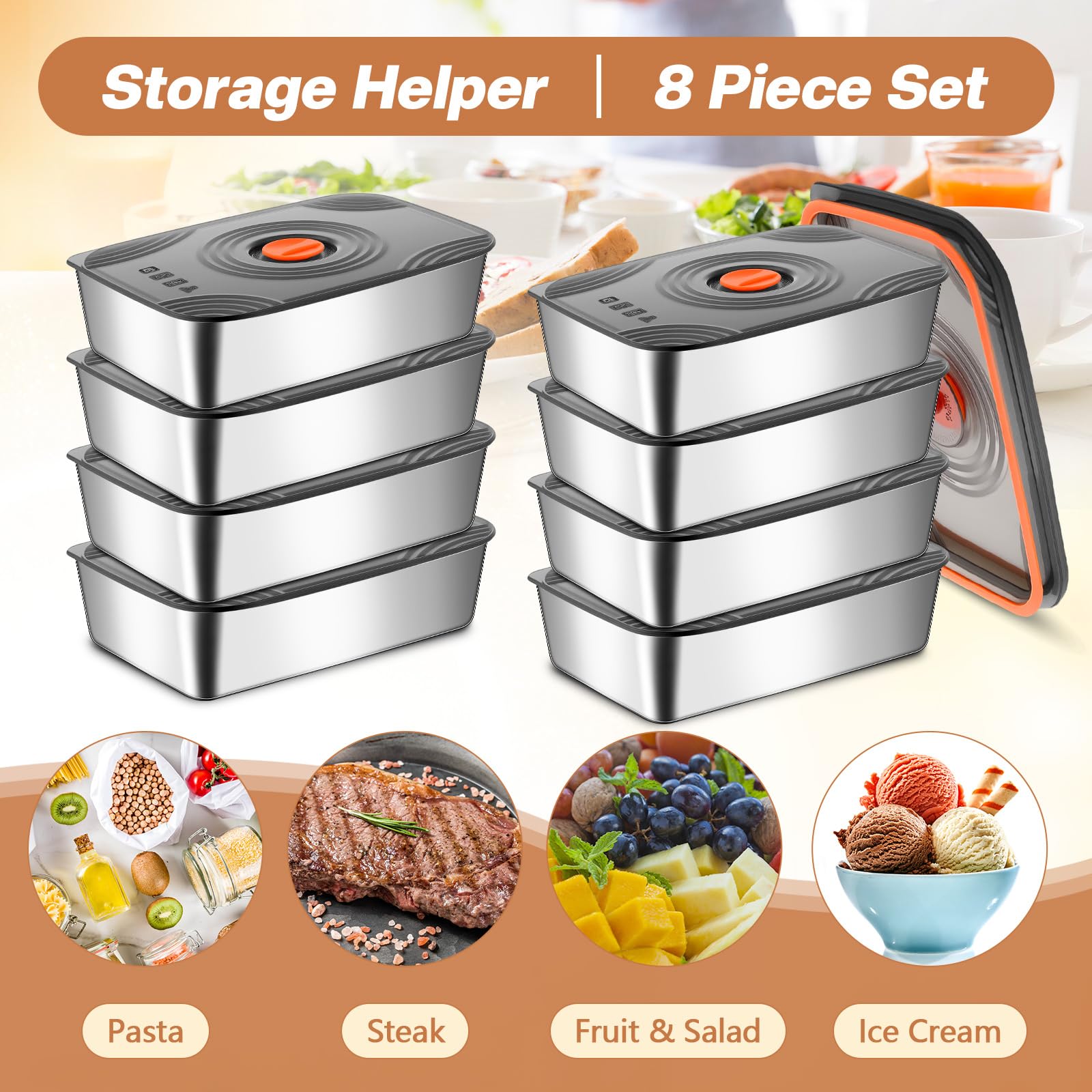 Layhit 16 juegos de recipientes de almacenamiento de alimentos de acero inoxidable de 60 onzas con tapas, grandes, reutilizables, apilables, contenedores de metal rectangulares para exteriores, para