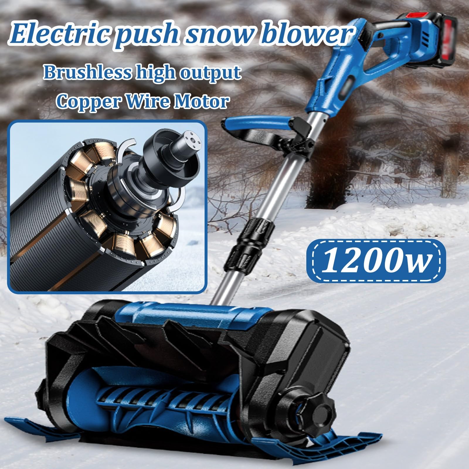 Pala da neve elettrica senza fili, 1200 W, larghezza 30 cm, asta telescopica regolabile, ricaricabile, per vialetti, marciapiedi, varie superfici (1 batteria)