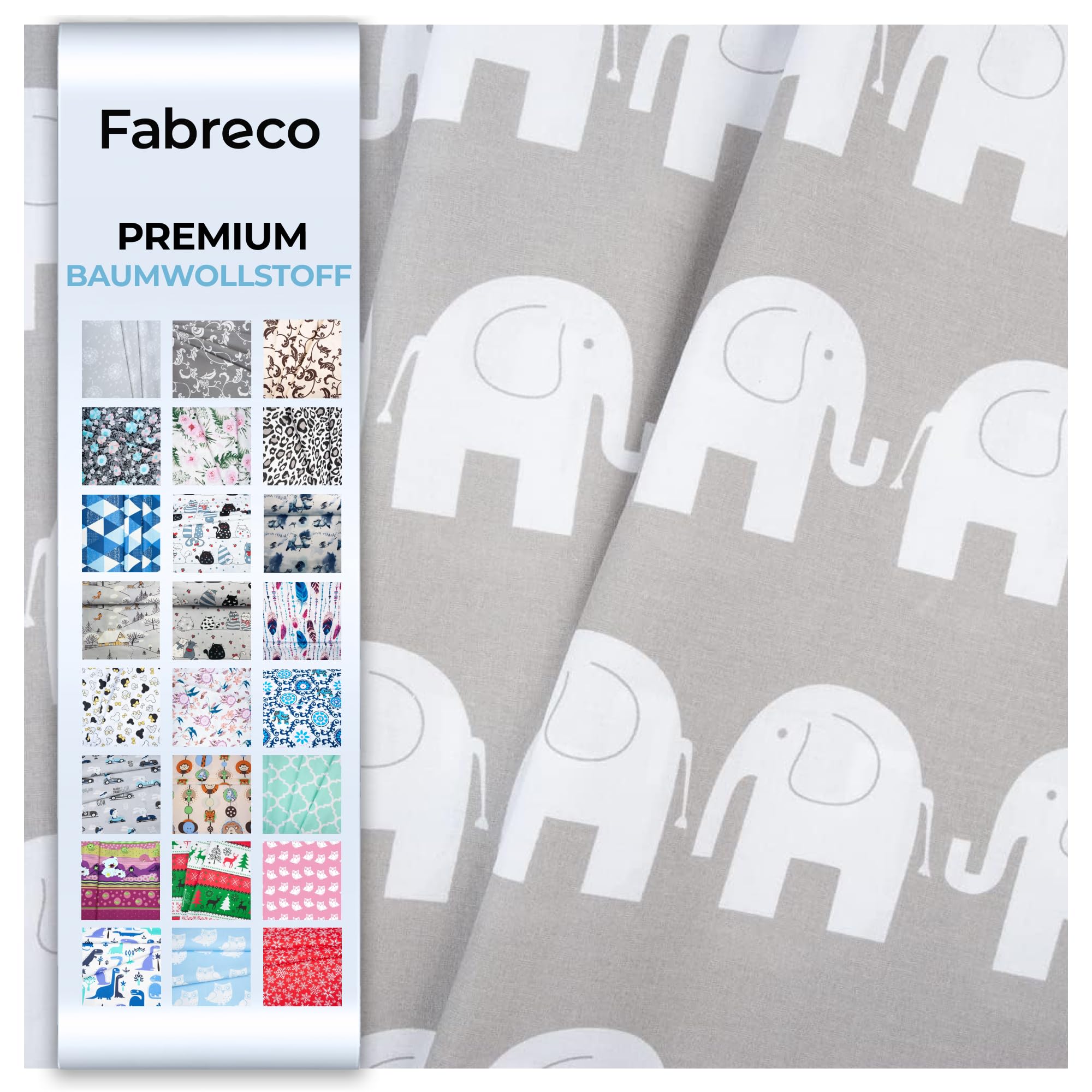 Fabreco - 100% Premium Baumwollstoff Meterware 200x160cm - Elefanten grau | 220 g/lfm – Weich, langlebig & hautfreundlich | Stoffe Zum Nähen & Dekoration | Stoff Meterware - Fabric