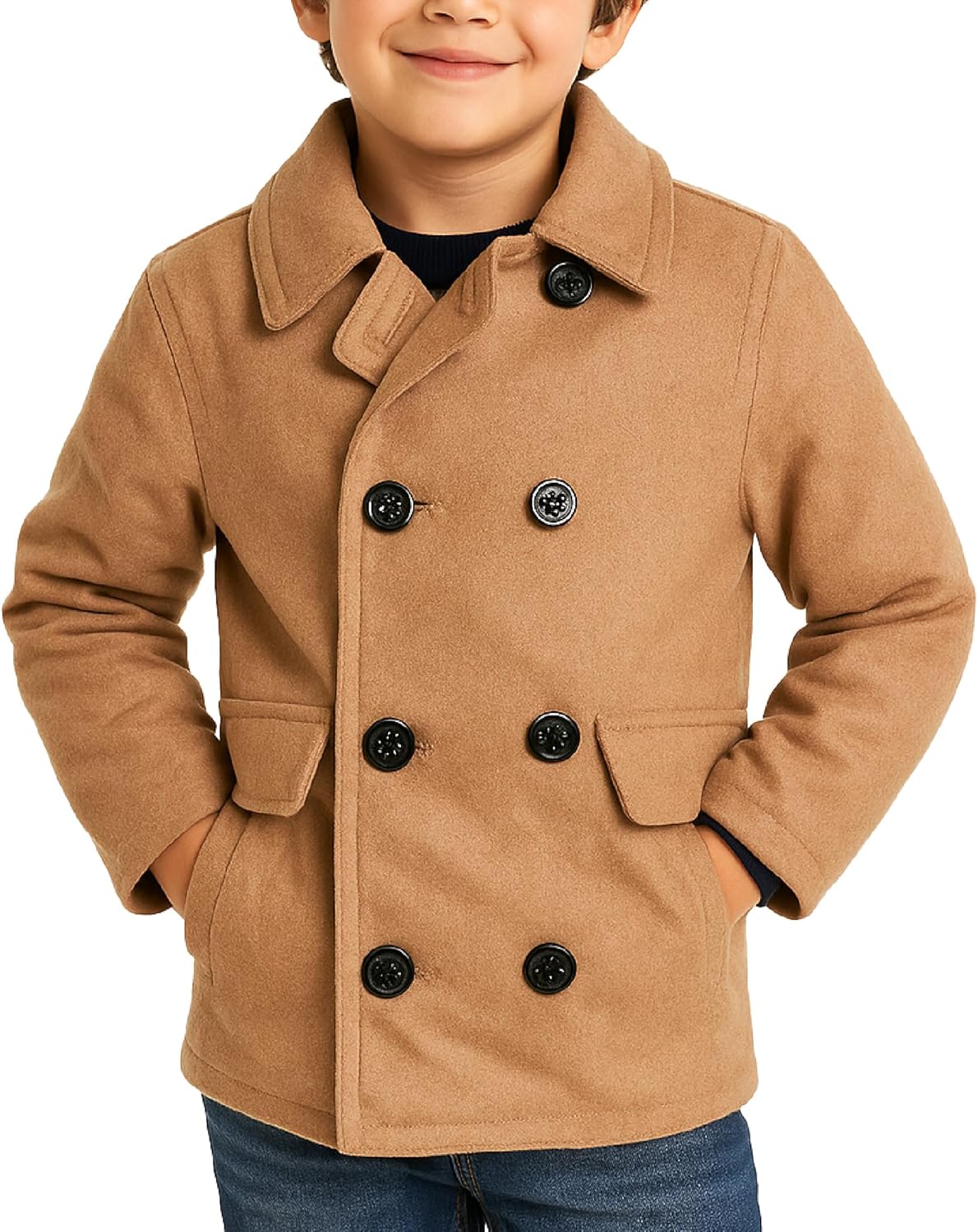URBAN REPUBLIC Boys Peacoats - Double Breasted Wool Blend Dress Coat with Faux Fur Lining & Flap Pockets (4-20)