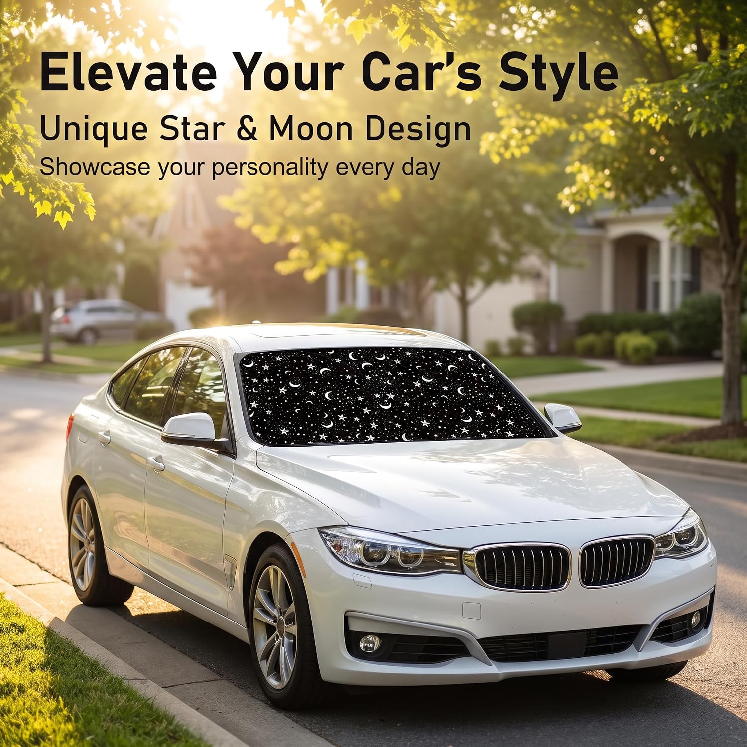 Car Windshield Sun Shade, Stars Moons Decorative Front Window Cover, Heat Insulation & Sun Protection Shield, Universal Foldable Cover for Most Sedans (Black) image 2