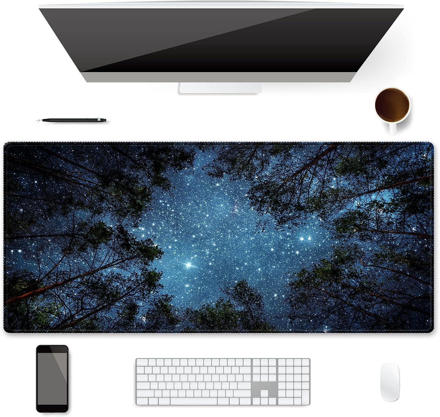 XXL Waterproof Office Desk Pad Protector 35.4x15.7 Inch - Extended Gaming Mouse Pad with Non-Slip Rubber Base, Thickened Keyboard Mat, Stitched Edges & Forest Starry Design