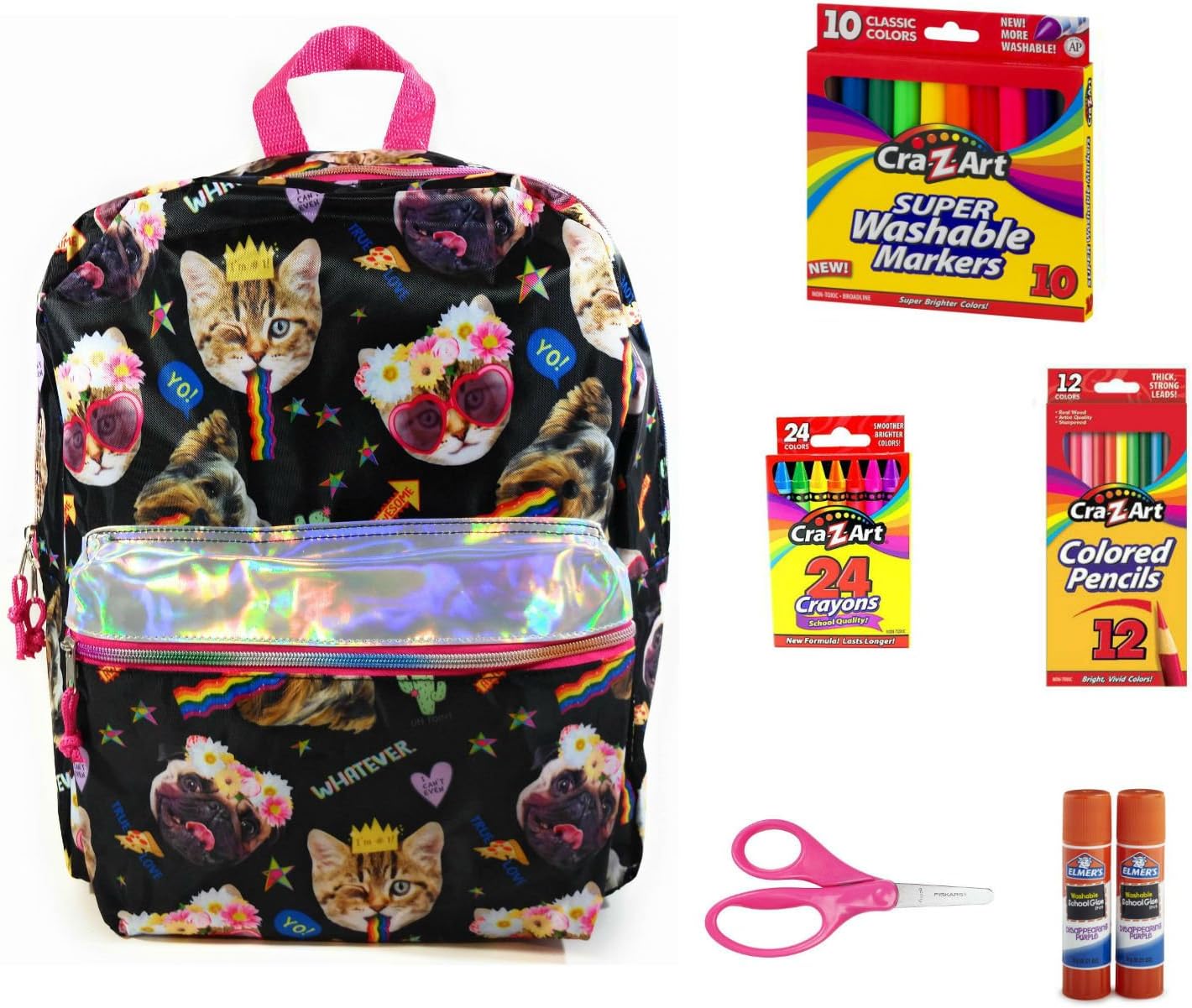 Back to School Snapchat Filter Inspired Pug and Cat Emoji with Rainbow Puke Kids Backpack for Girls. 53 Count School Supplies Bundle