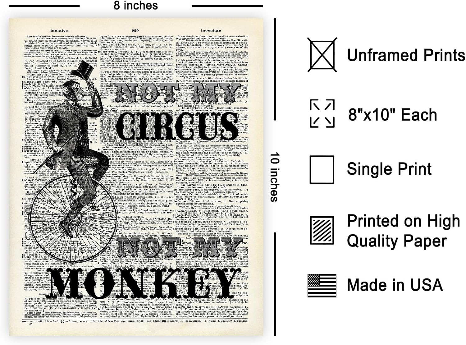 Poster Master Dictionary Art Poster - Not My Circus Not My Monkey Print - Monkey Art - Gift for Men, Women & Animal Lover - Funny Decor for Bedroom, Living Room or Kid's Room - 8x10 UNFRAMED Wall Art