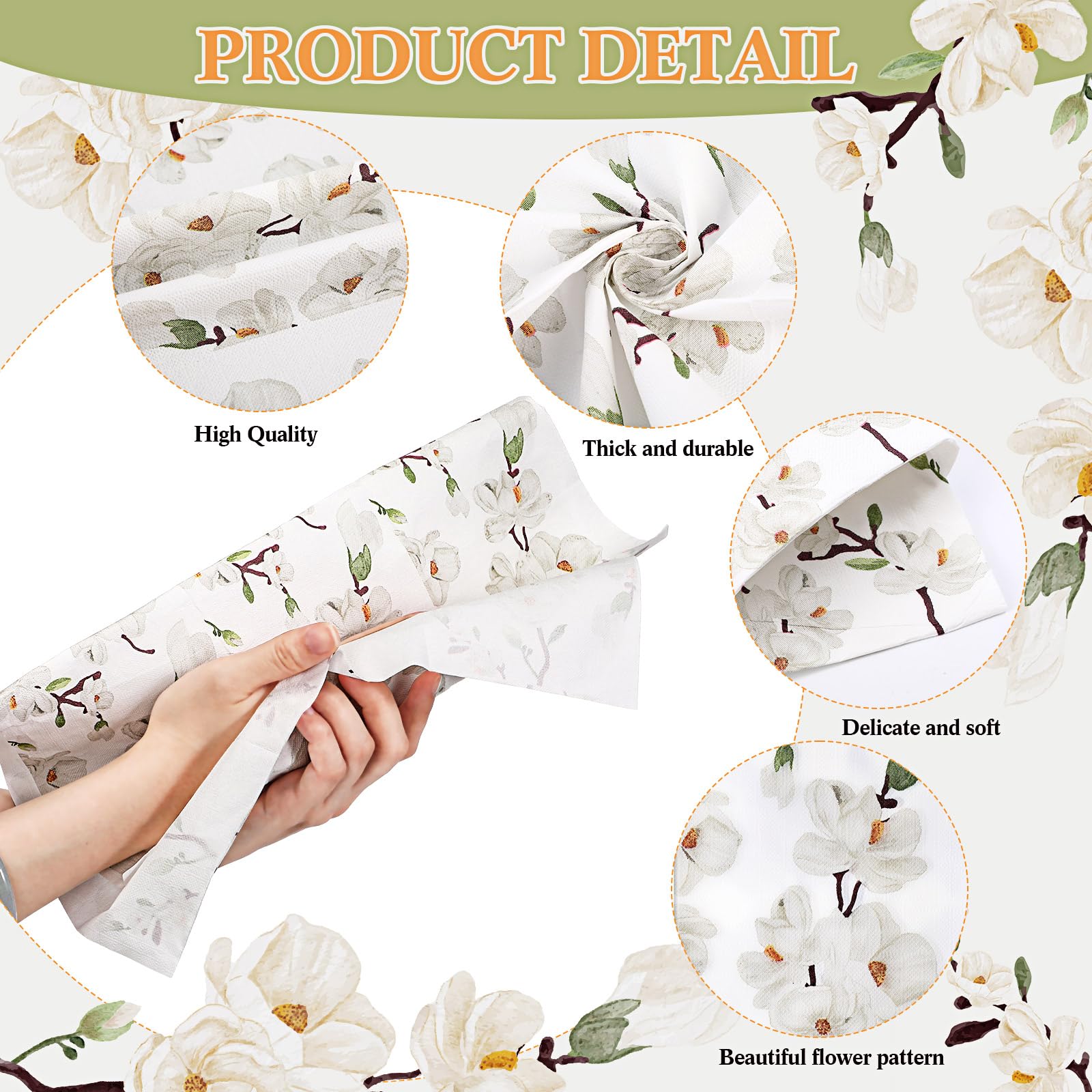 Outus 200 servilletas de flores blancas con magnolia para invitados, 3 capas, servilletas de mano desechables para baño, servilletas de papel decorativas para bodas, fiestas (plegadas de 7.9 x 4.3