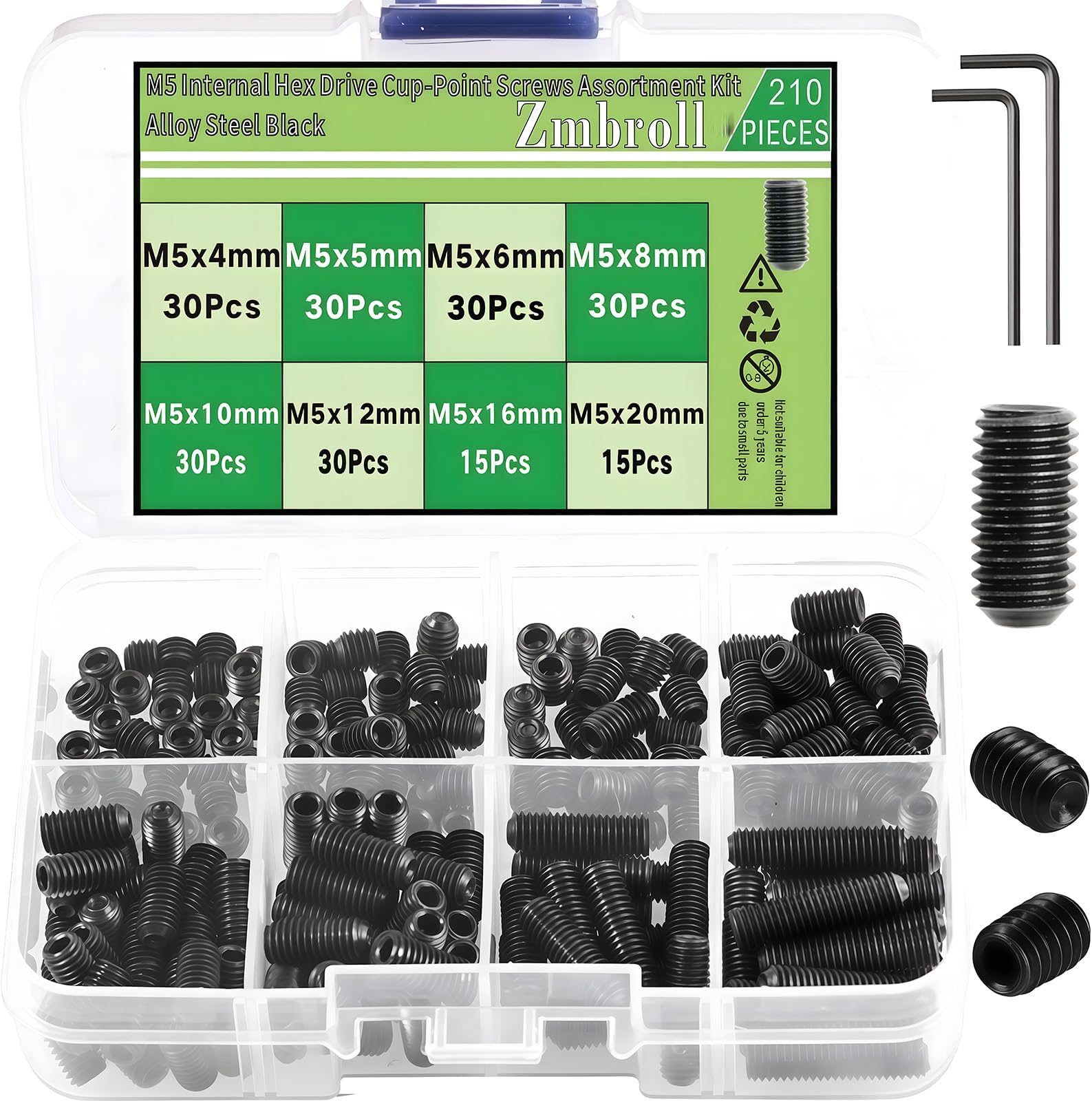 M5 Set Screws Black Allen Head Socket Hex Grub Screw with Internal Hex Drive 210Pcs M5x4/5/6/8/10/12/16/20mm 12.9 Class Alloy Steel Headless Metric Hex Socket Head Cup Point Set Screw