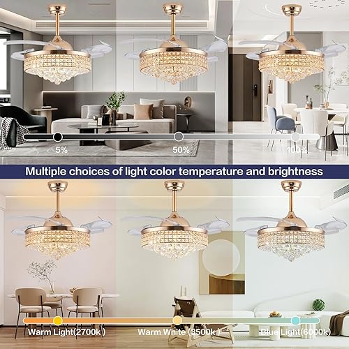 Miniatura 4 de Trssdre Ventilador de techo LED de cristal regulable de 42 pulgadas con luces y control remoto, moderno kit de ventilador de iluminación de techo