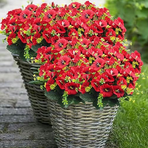 Miniatura 7 de 4 paquetes de flores artificiales para exteriores, resistentes a los rayos UV, flores artificiales rojas falsas para colgar en el jardín, porche,