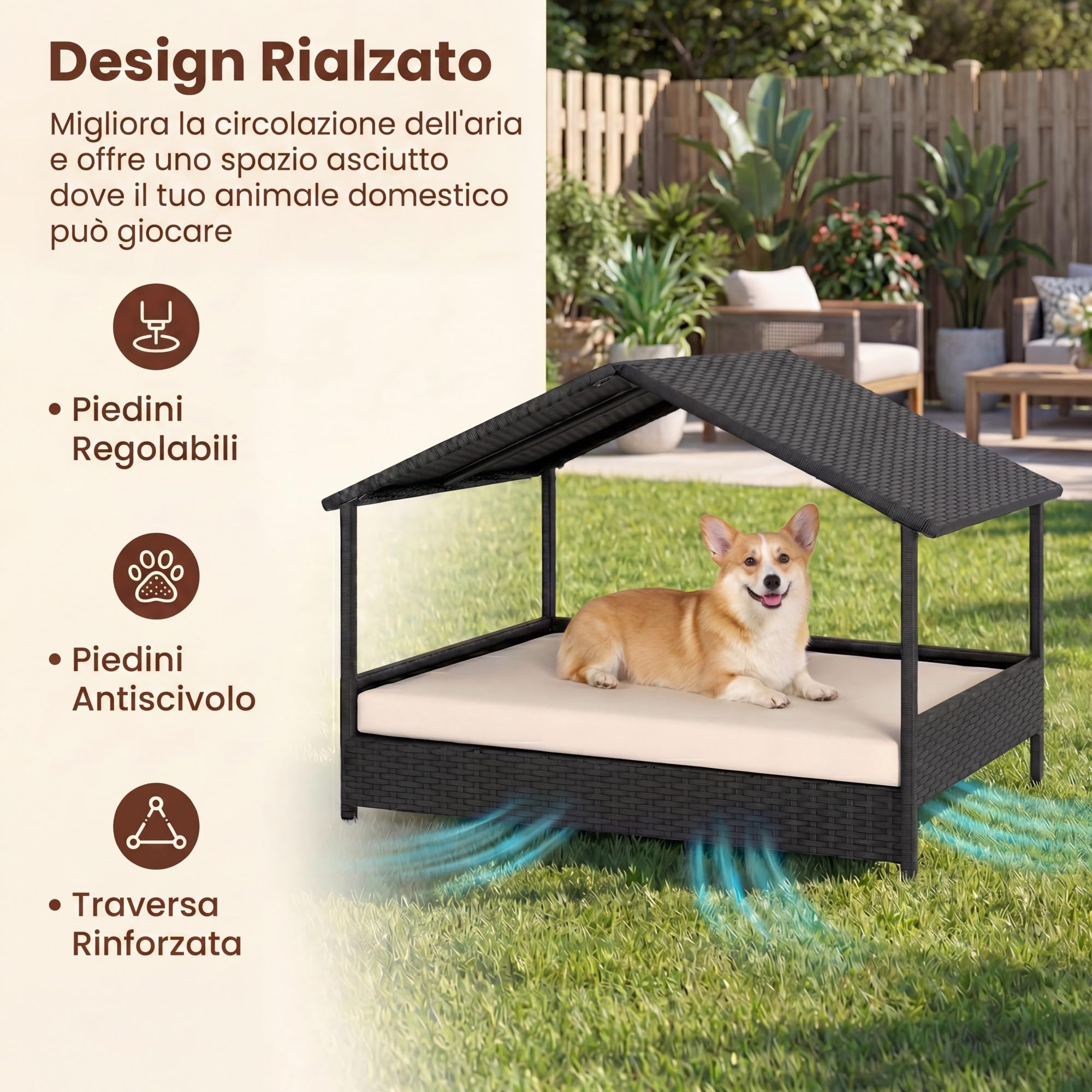 GYMAX Letto per Cane con Cuscino, Cuccia per Cane da Esterno in Rattan PE con Tetto a Spiovente e Base Rialzata, Ventilata & Impermeabile, per Esterno & Interno, 98 x 68 x 74 cm (Beige)