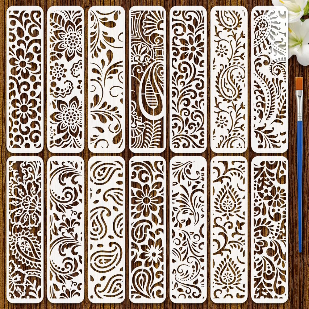 FINGERINSPIRE 14PCS Paisley Stencils 3x11.8 Inch Vintage Paisley Floral Stencils Persian Style PET Drawing Templates with a Brush for Painting on Walls Wood Furniture DIY Home Decoration