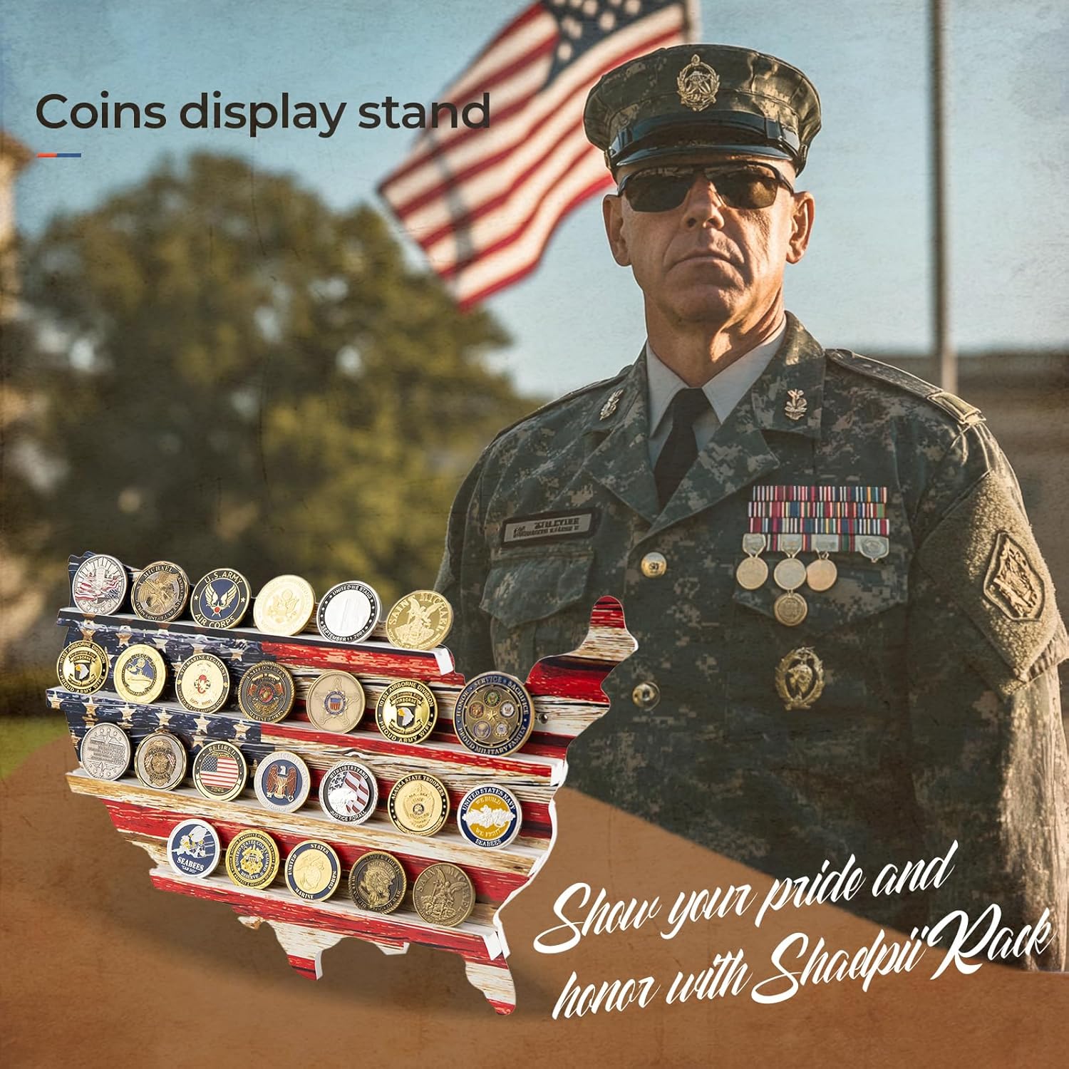 Handmade Challenge Coin Display Wall Mount Holder,Military Coin Shelf Flag Rack for Army Firefighter Police Navy Marines Veterans Medal Badge Collector,Patriotic Décor 27Inch