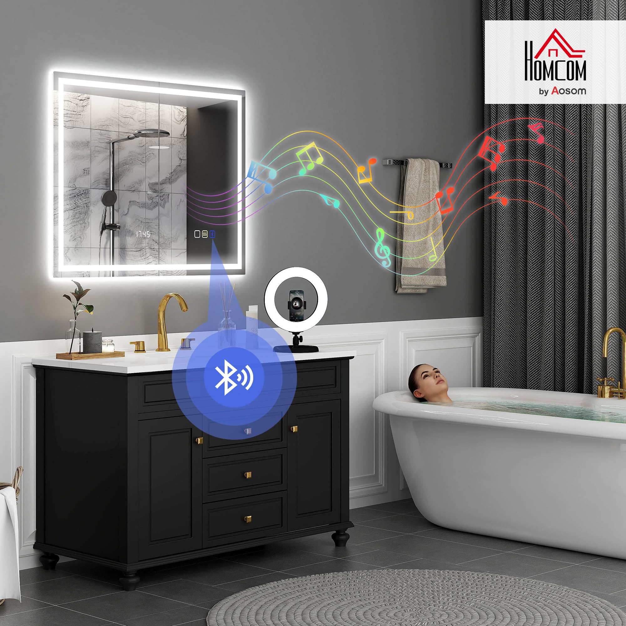 HOMCOM Miroir Salle de Bain Bluetooth avec éclairage LED 80 x 100 cm, Miroir Lumineux Salle de Bain Mural avec Interrupteur Tactile, lumière réglable 3 Couleurs, Anti-buée, mémoire - Argent