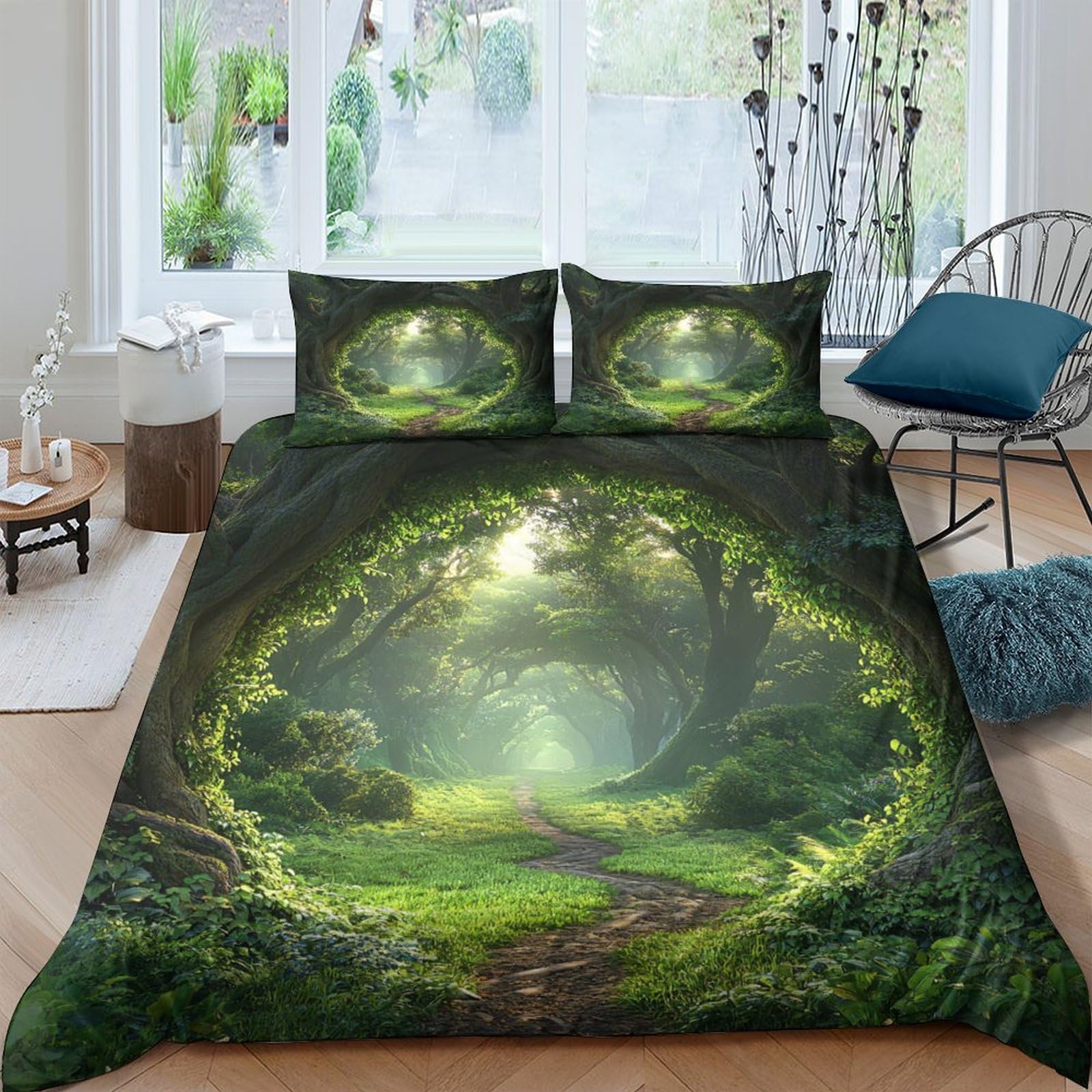 GPLZQXKJNH 3D Printed Forest Tunnel Duvet Cover Microfiber Soft Green Woodland Bedding Set with 2 Pillowcases for Bedroom Home Decor Single（135x200cm）