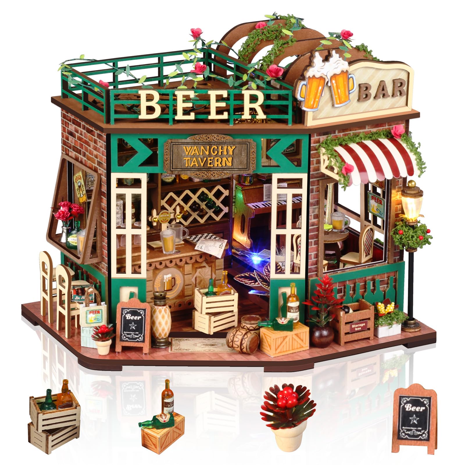 Cuteefun DIY Miniature Dollhouse Kit with LED Light, Creative Handicraft & Decoration for Adults Teen, Christmas Birthday Gift (Beer Bar)